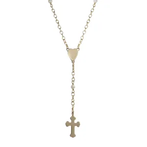 10K Gold Heart and Cross Rosary Necklace on Pearl Chain