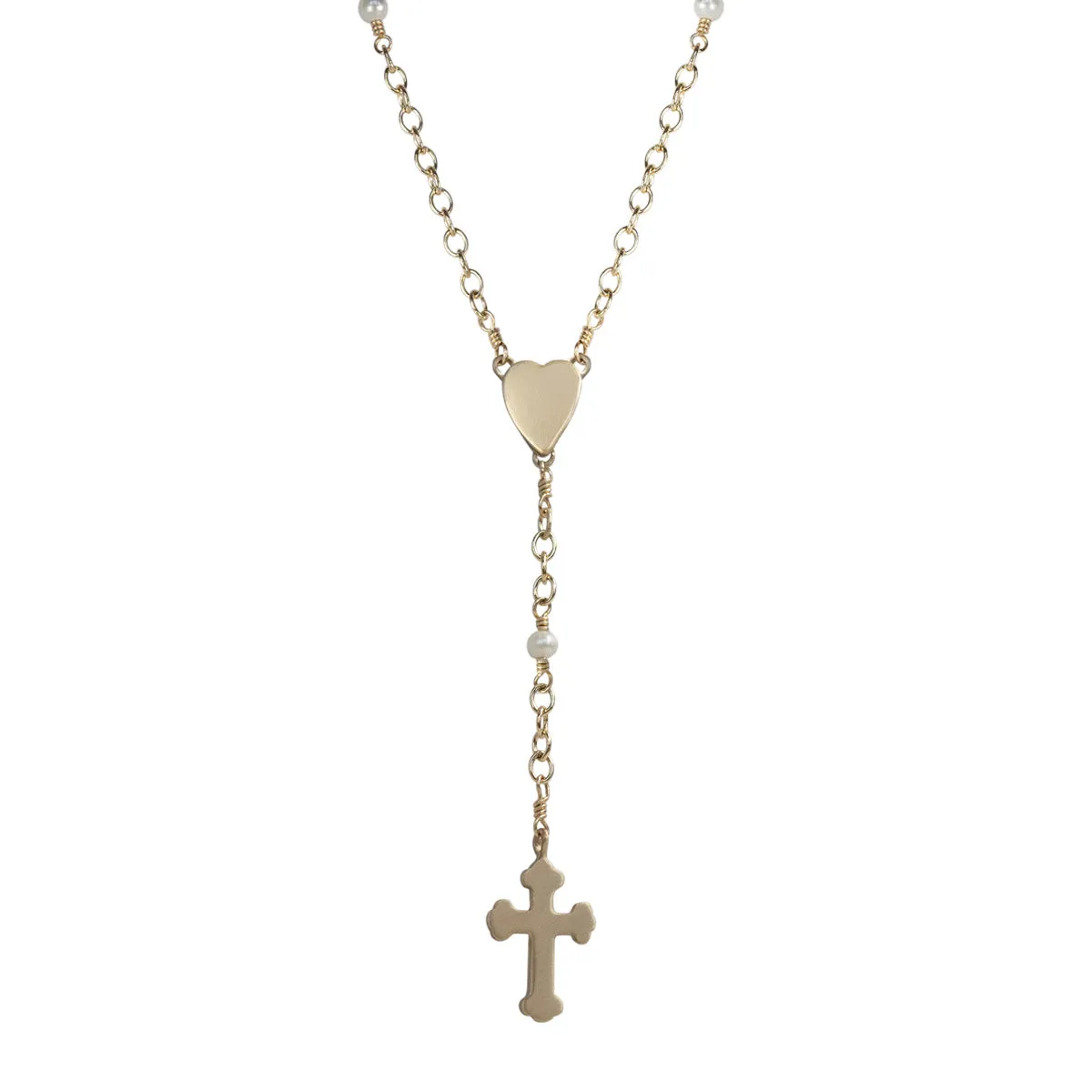10K Gold Heart and Cross Rosary Necklace on Pearl Chain