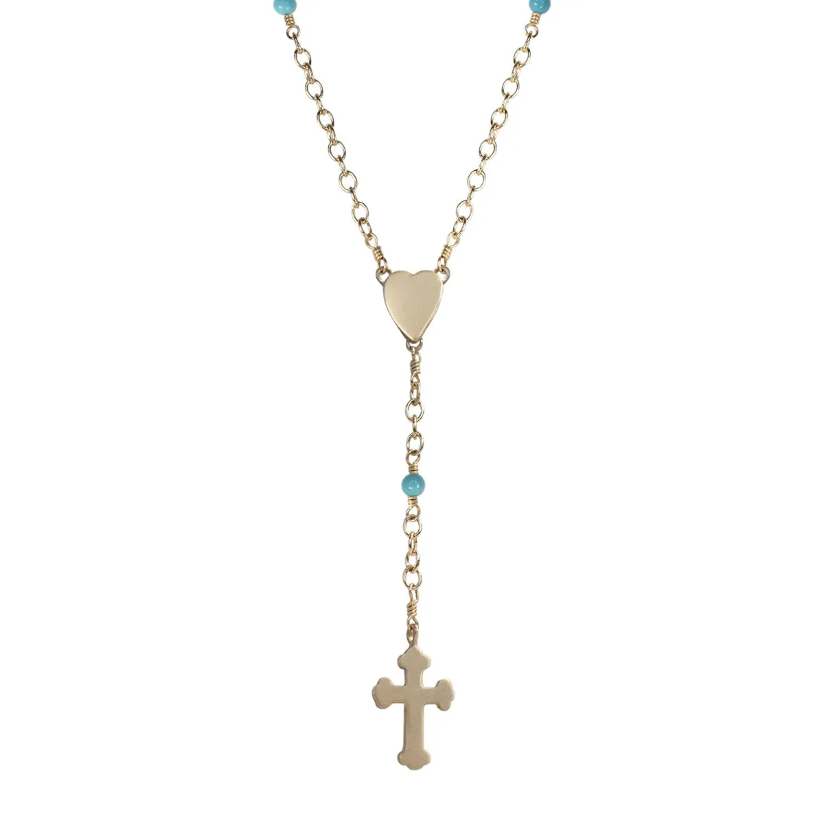10K Gold Heart and Cross Rosary Necklace on Turquoise Chain