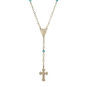 10K Gold Heart and Cross Rosary Necklace on Turquoise Chain