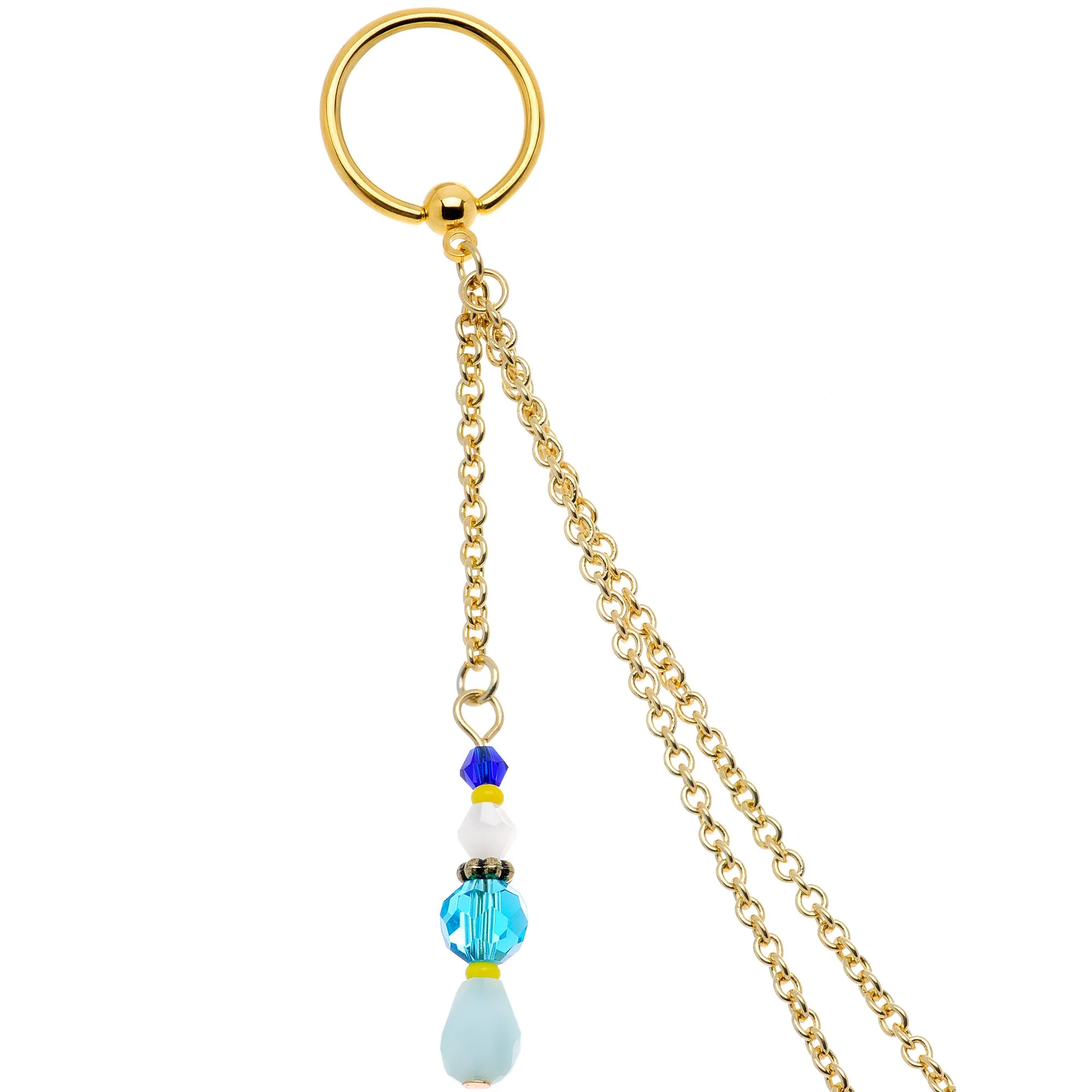 14 Gauge 9/16 Gold Tone Om Blue Beads Captive Ring Dangle Nipple Chain