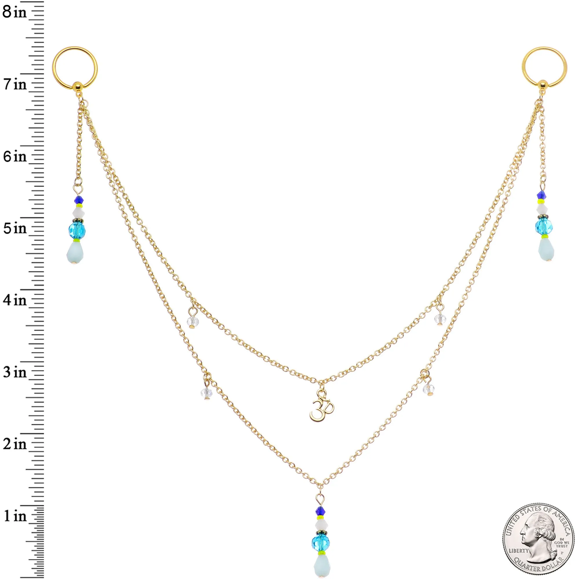 14 Gauge 9/16 Gold Tone Om Blue Beads Captive Ring Dangle Nipple Chain