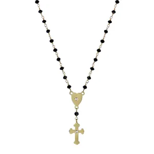 18K Gold Rosary Heart and Cross on Black Diamond Chain