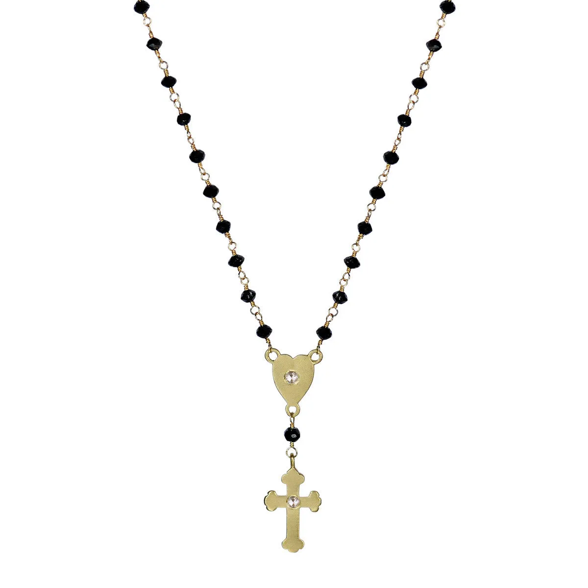 18K Gold Rosary Heart and Cross on Black Diamond Chain