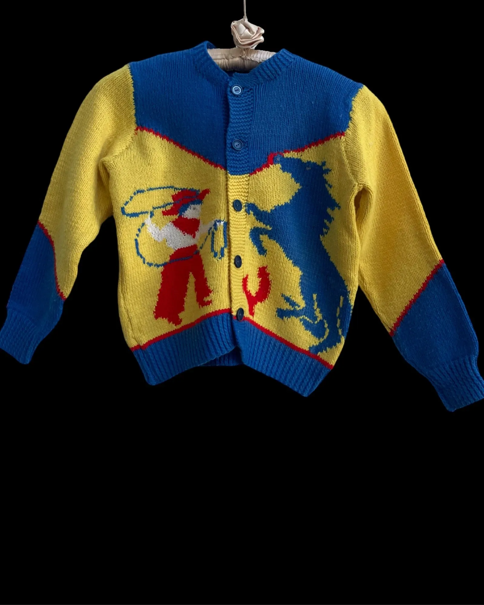 1950s Lasso'em Cowboy & Horse Primary Colored Knit Western Cardigan