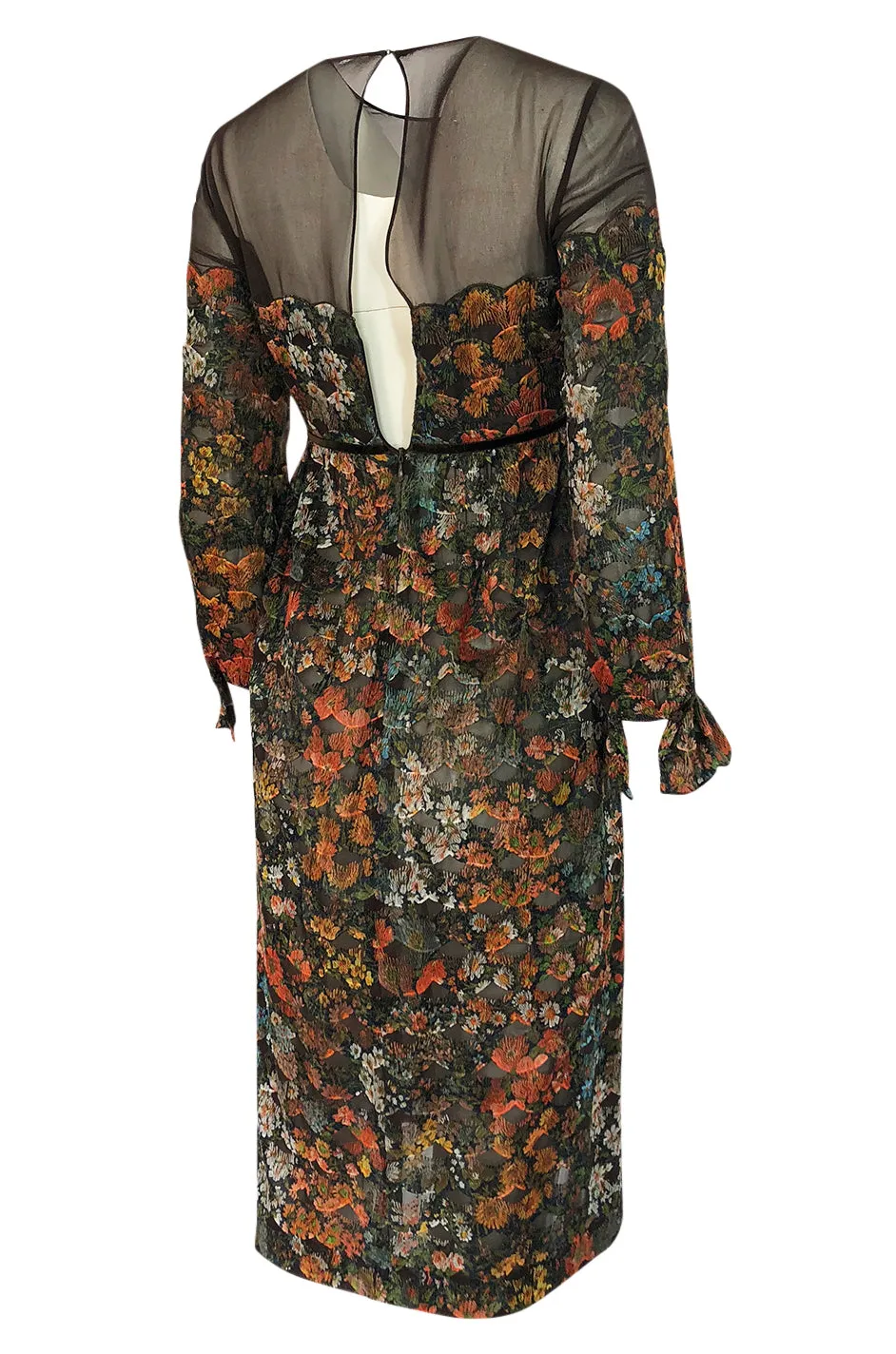 1960s Mignon Densely Embroidered on Brown Silk Chiffon Dress