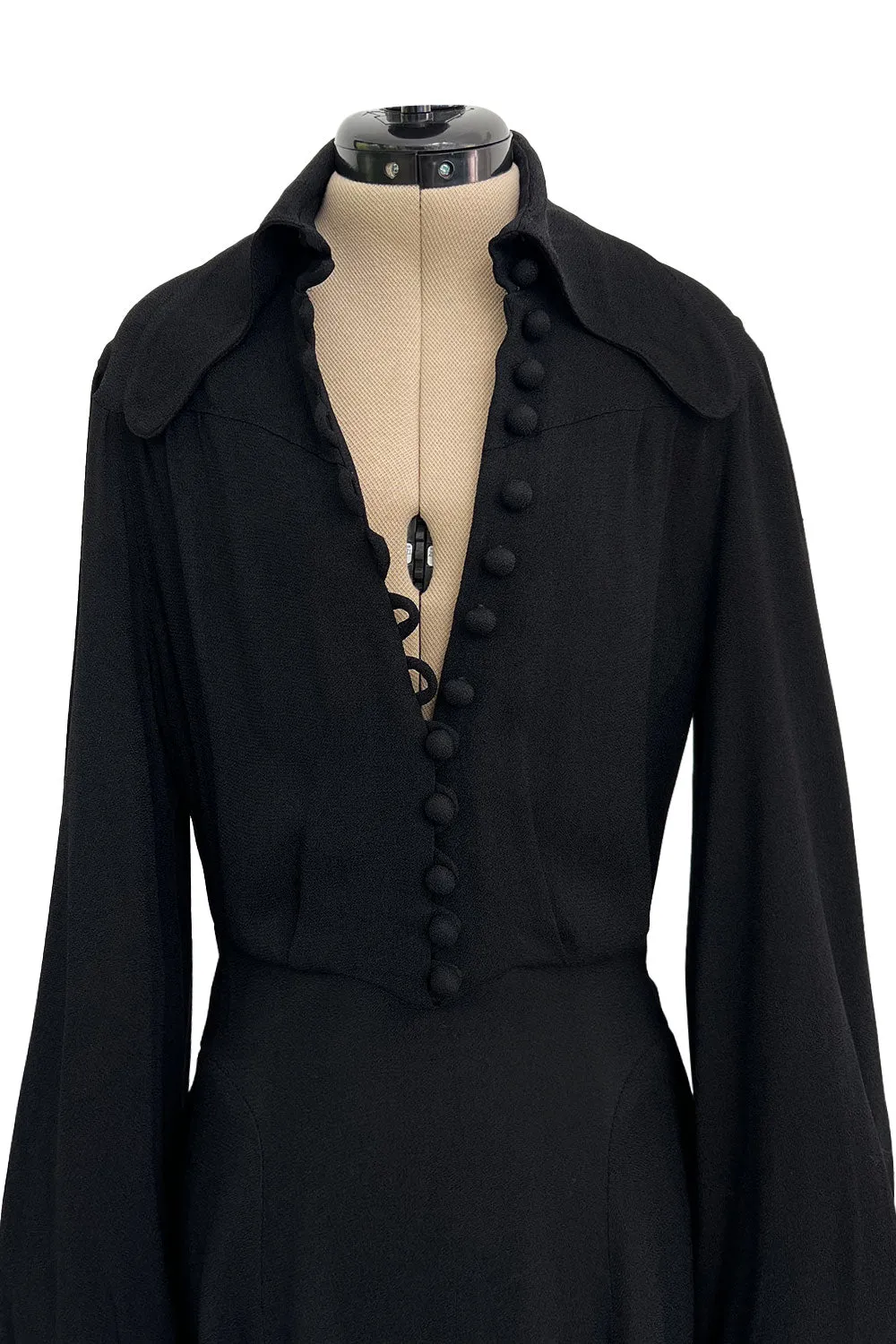 1969 Ossie Clark Bishop Sleeve Black Moss Crepe Dress w Button Front & Dog Ear Collar