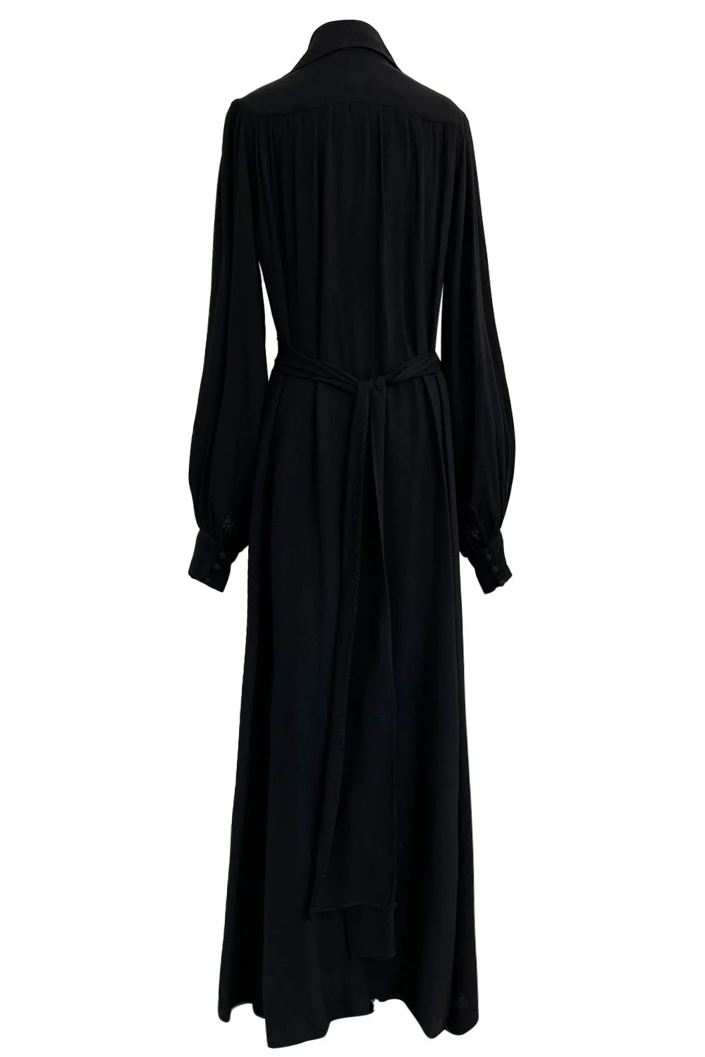 1969 Ossie Clark Bishop Sleeve Black Moss Crepe Dress w Button Front & Dog Ear Collar