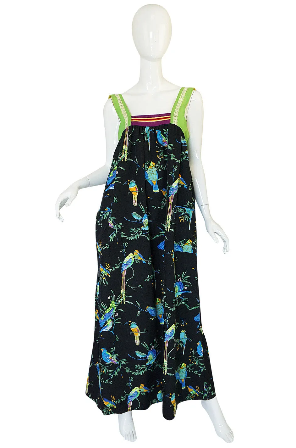 1970s Giorgio Sant'Angelo Colorful Bird Print Smock Dress