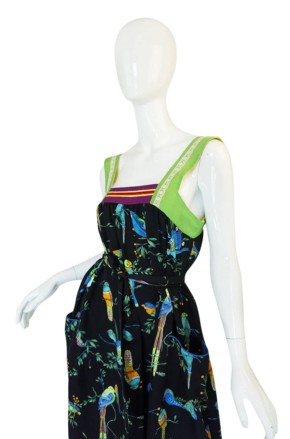 1970s Giorgio Sant'Angelo Colorful Bird Print Smock Dress