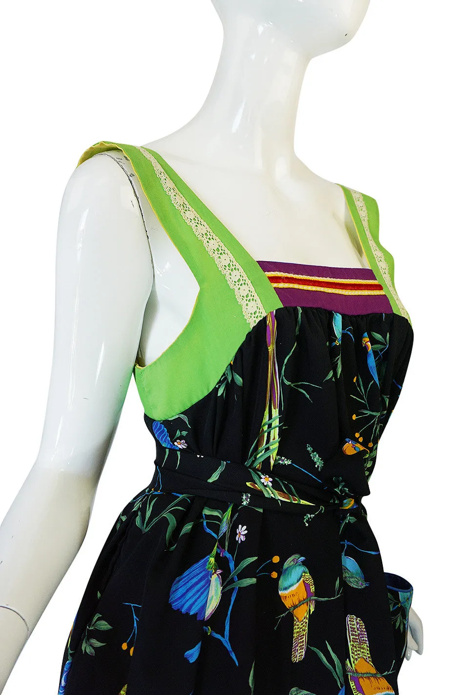 1970s Giorgio Sant'Angelo Colorful Bird Print Smock Dress