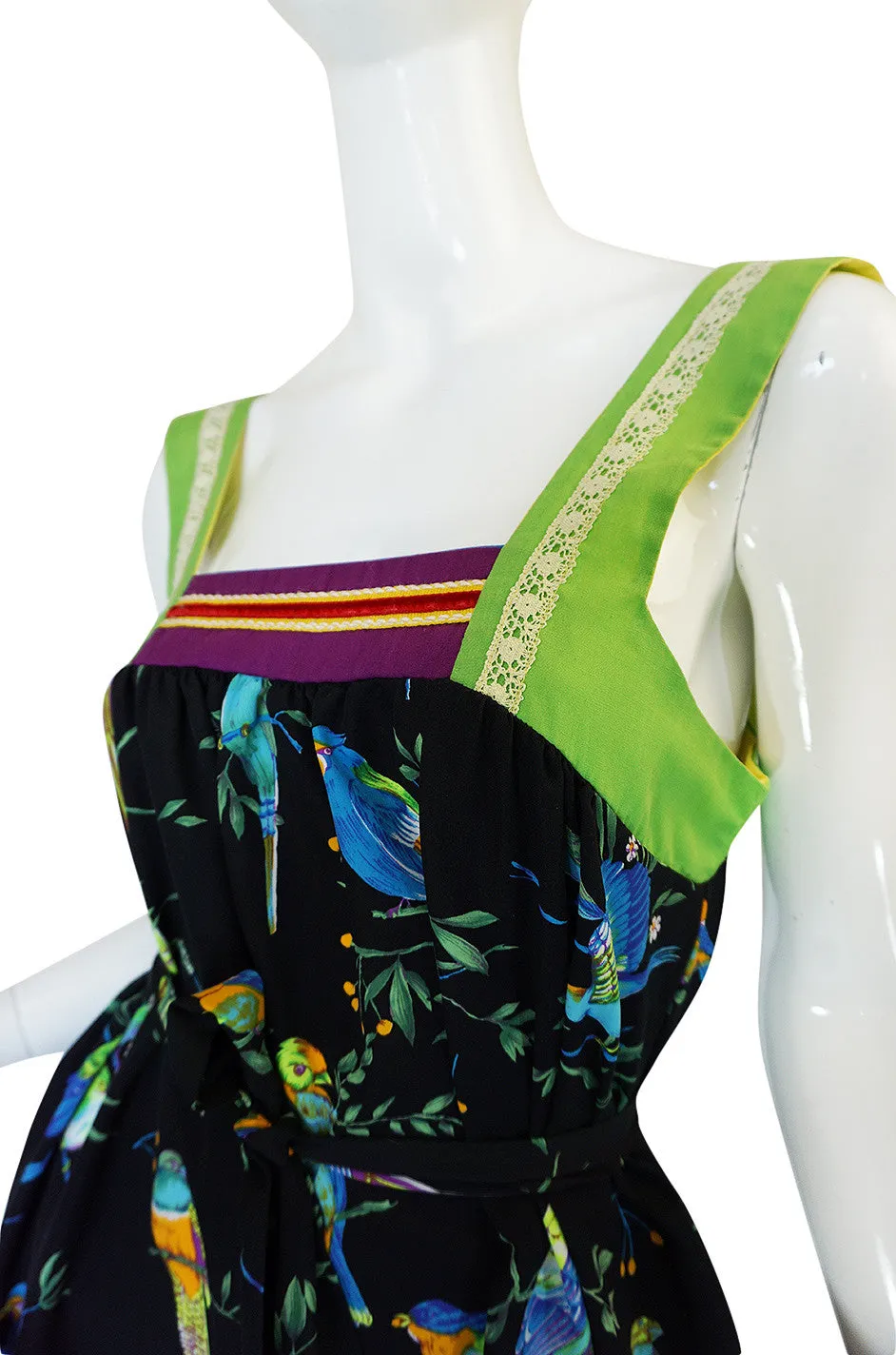 1970s Giorgio Sant'Angelo Colorful Bird Print Smock Dress