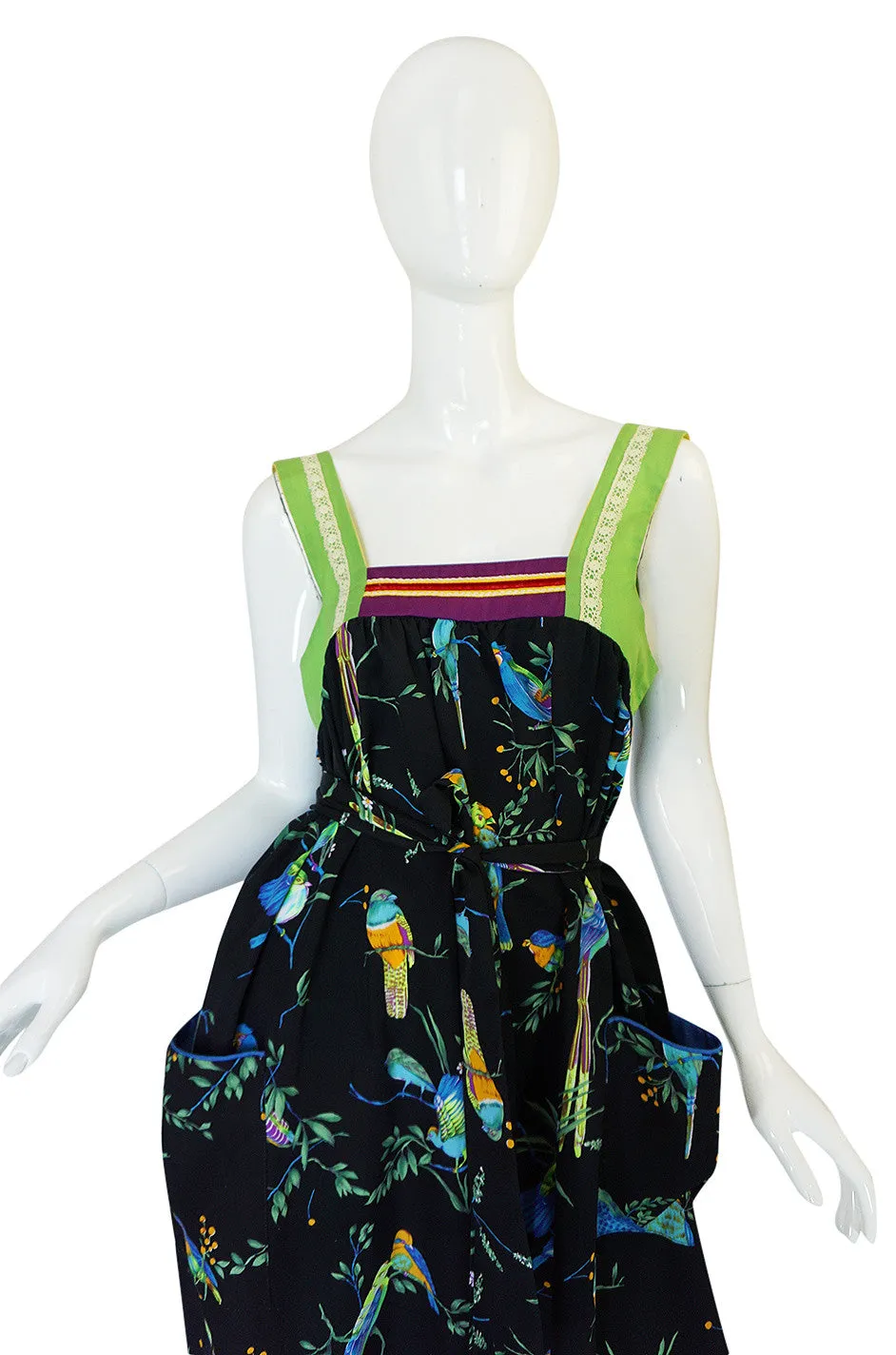 1970s Giorgio Sant'Angelo Colorful Bird Print Smock Dress