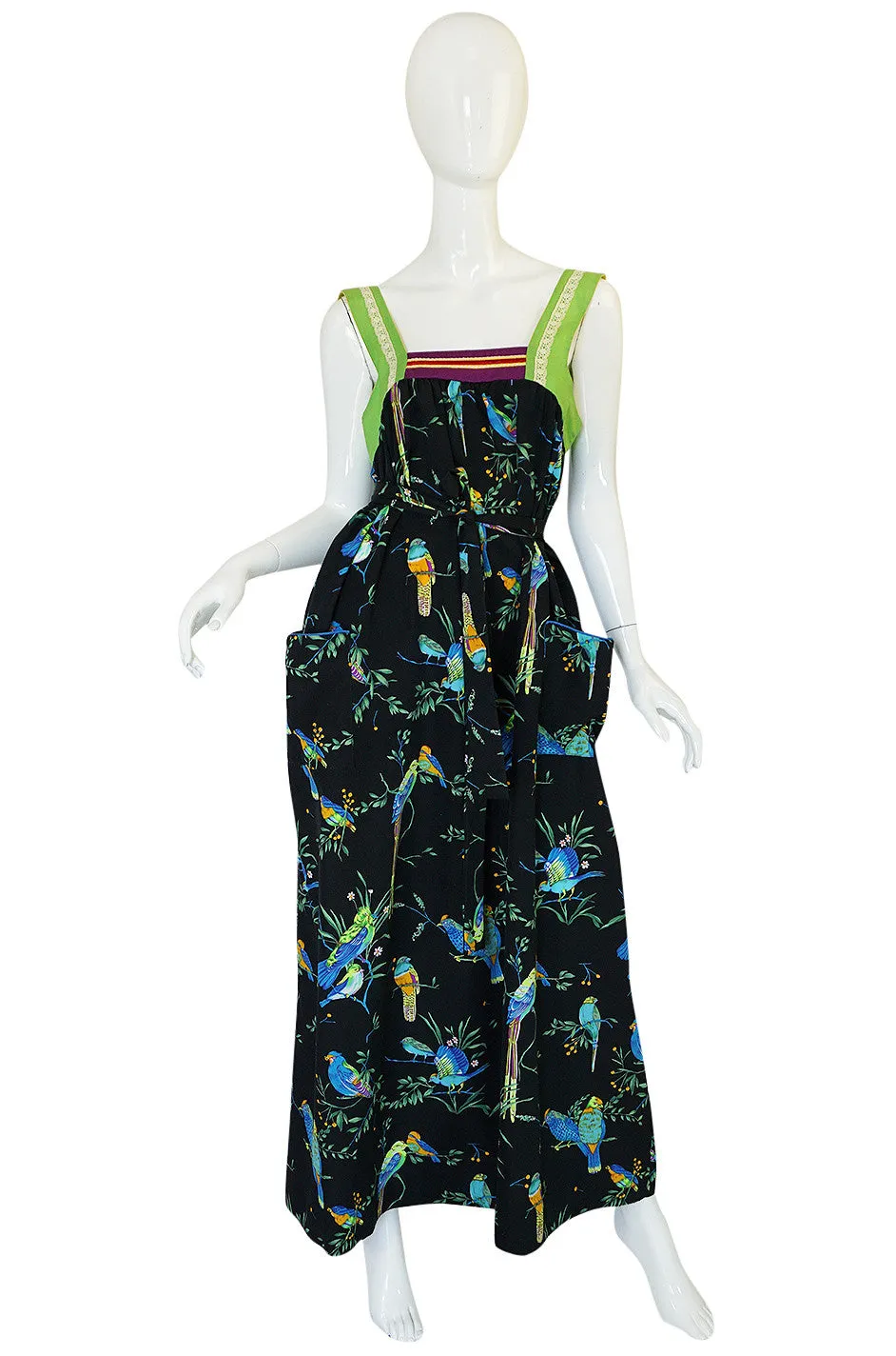 1970s Giorgio Sant'Angelo Colorful Bird Print Smock Dress