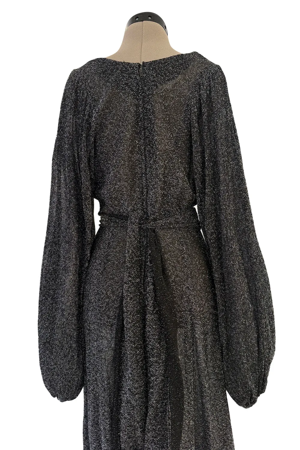 1970s Ossie Clark Metallic Silver & Black Lurex Knit Lame Plunge Dress