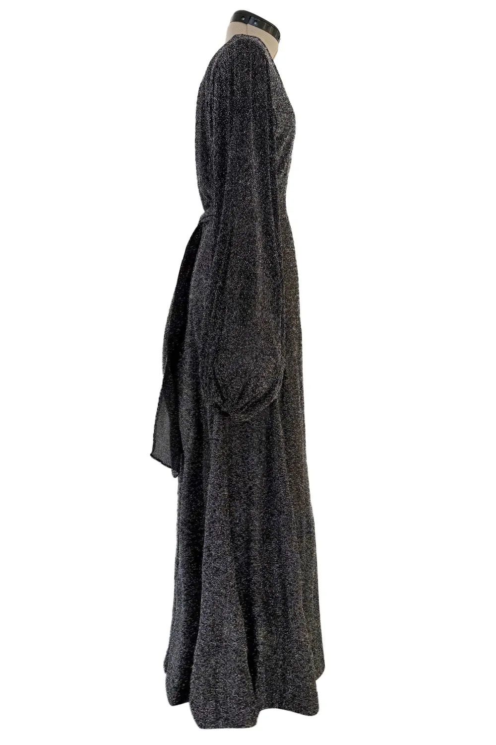 1970s Ossie Clark Metallic Silver & Black Lurex Knit Lame Plunge Dress