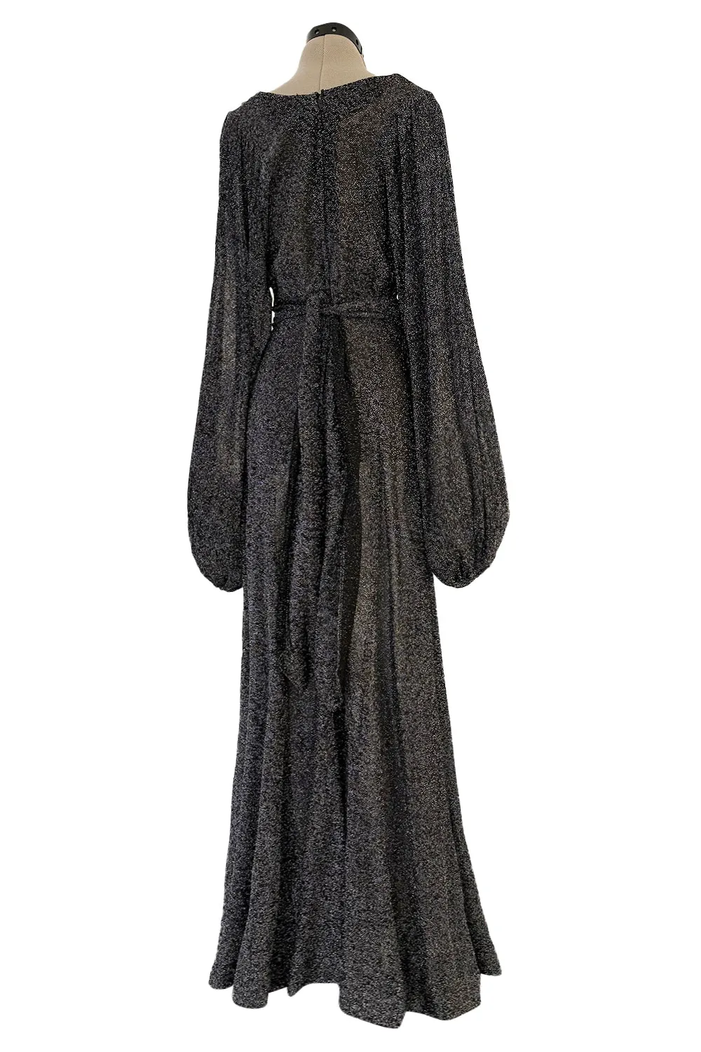1970s Ossie Clark Metallic Silver & Black Lurex Knit Lame Plunge Dress