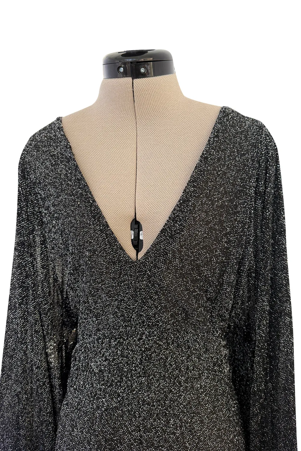 1970s Ossie Clark Metallic Silver & Black Lurex Knit Lame Plunge Dress