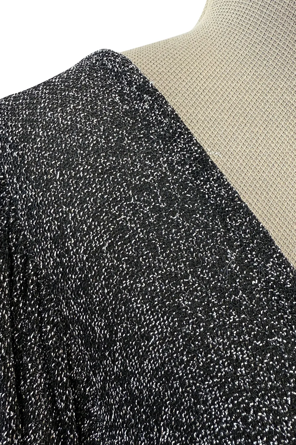 1970s Ossie Clark Metallic Silver & Black Lurex Knit Lame Plunge Dress