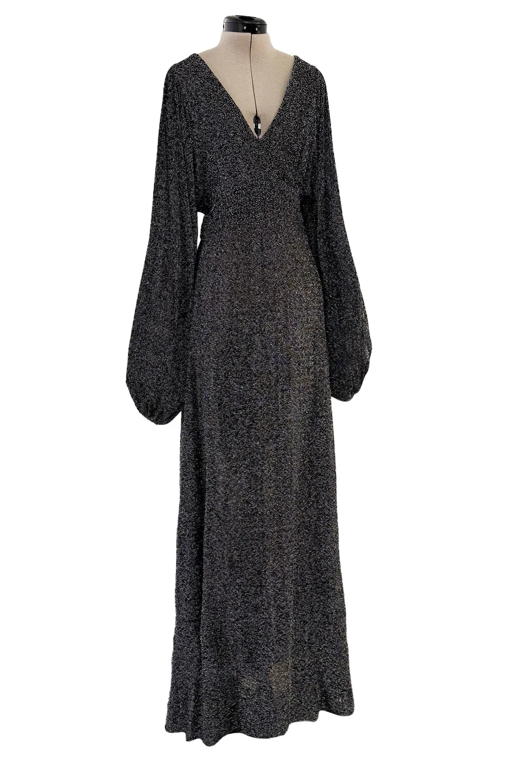 1970s Ossie Clark Metallic Silver & Black Lurex Knit Lame Plunge Dress