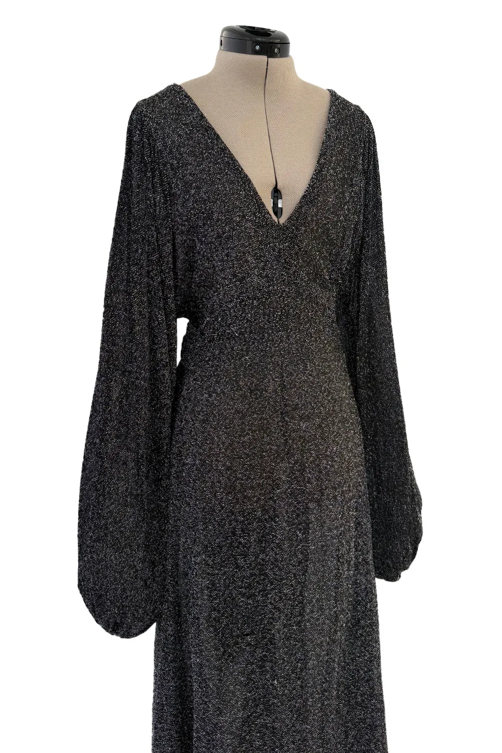 1970s Ossie Clark Metallic Silver & Black Lurex Knit Lame Plunge Dress