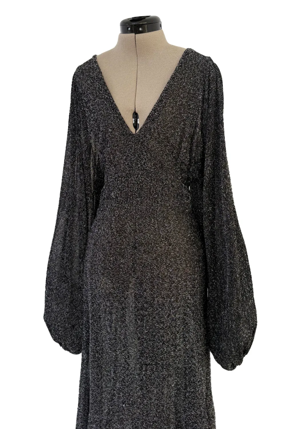 1970s Ossie Clark Metallic Silver & Black Lurex Knit Lame Plunge Dress