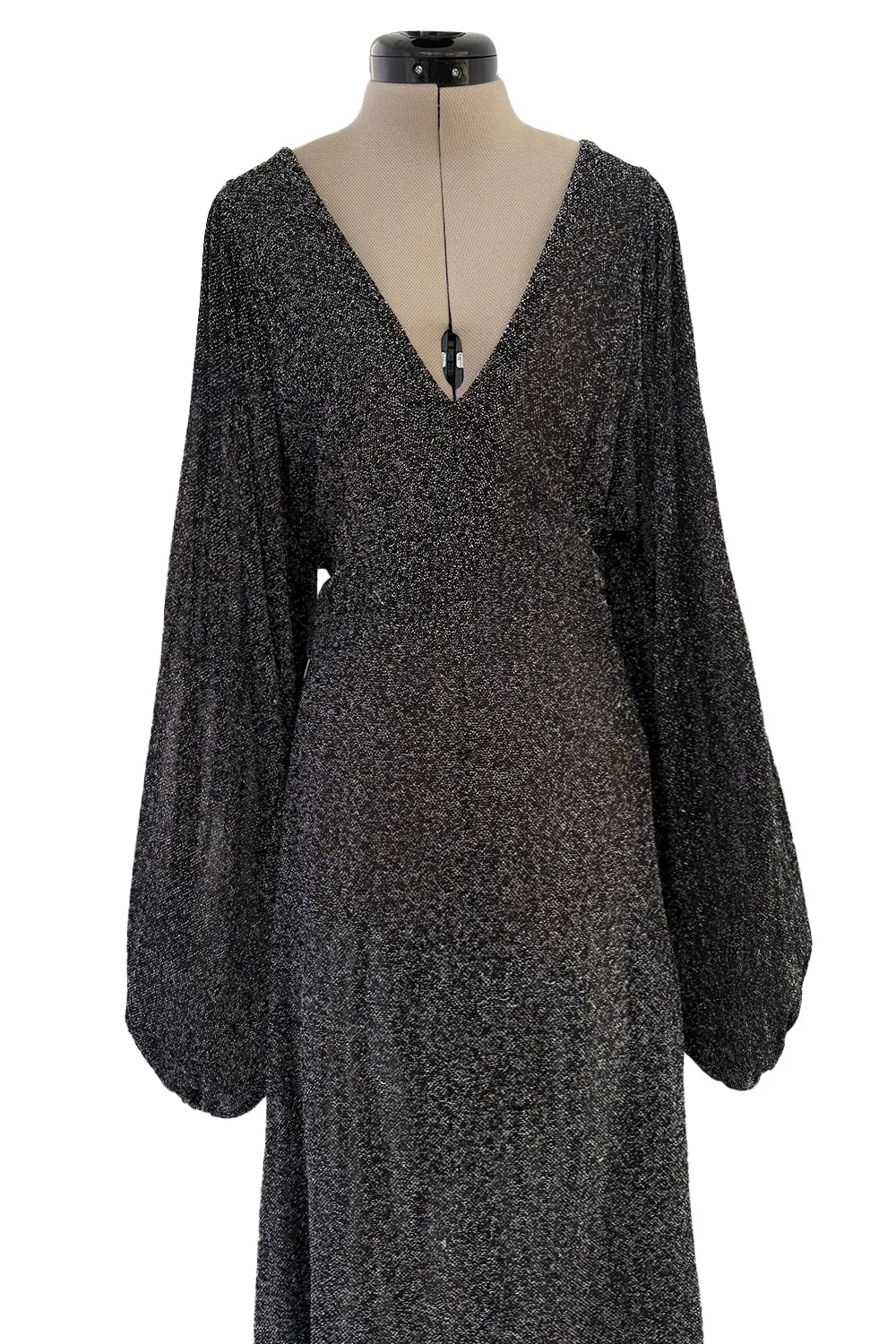 1970s Ossie Clark Metallic Silver & Black Lurex Knit Lame Plunge Dress