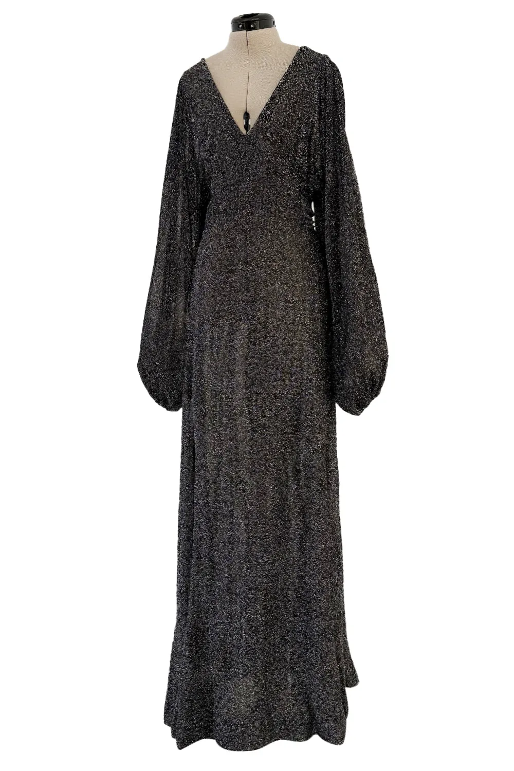 1970s Ossie Clark Metallic Silver & Black Lurex Knit Lame Plunge Dress