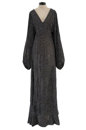 1970s Ossie Clark Metallic Silver & Black Lurex Knit Lame Plunge Dress