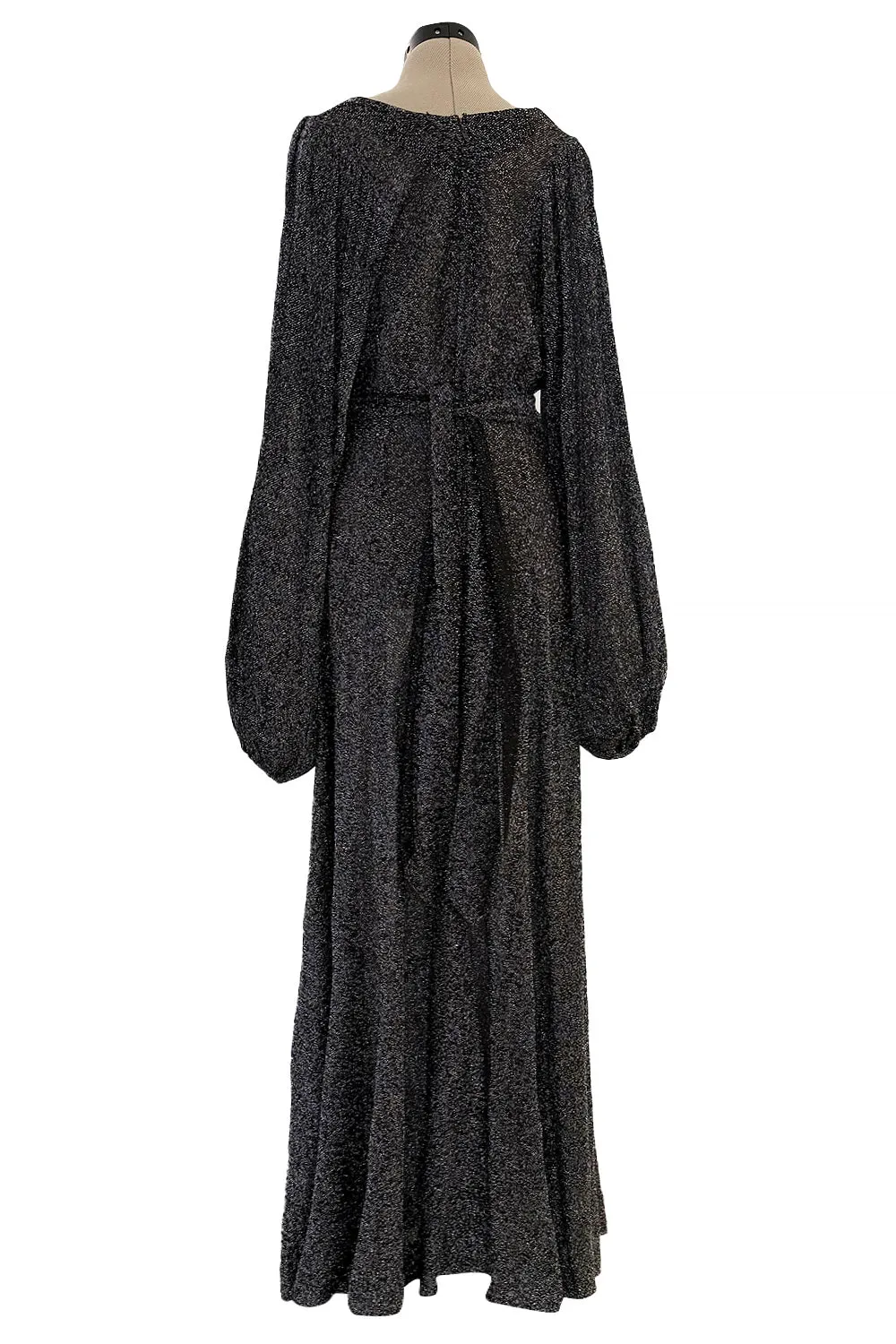 1970s Ossie Clark Metallic Silver & Black Lurex Knit Lame Plunge Dress