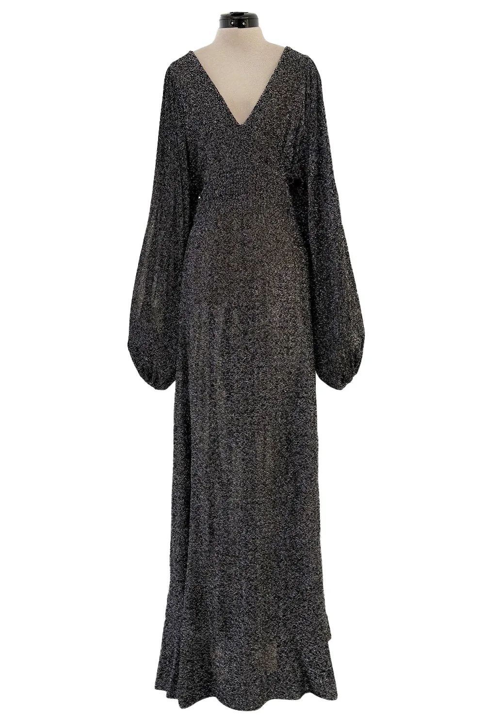1970s Ossie Clark Metallic Silver & Black Lurex Knit Lame Plunge Dress
