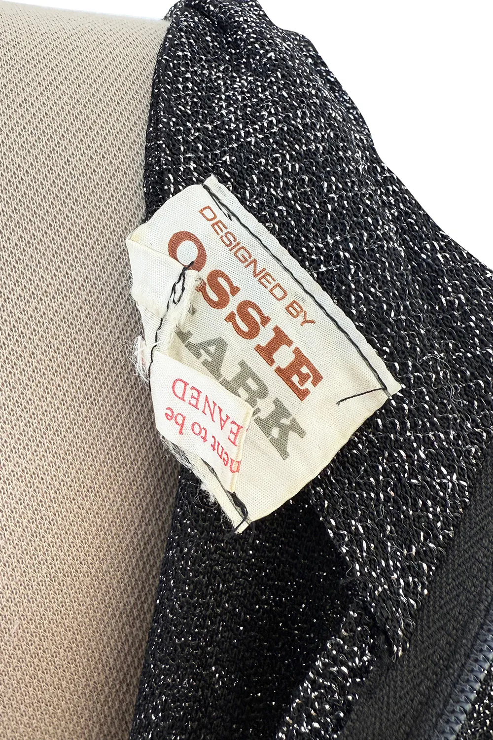 1970s Ossie Clark Metallic Silver & Black Lurex Knit Lame Plunge Dress