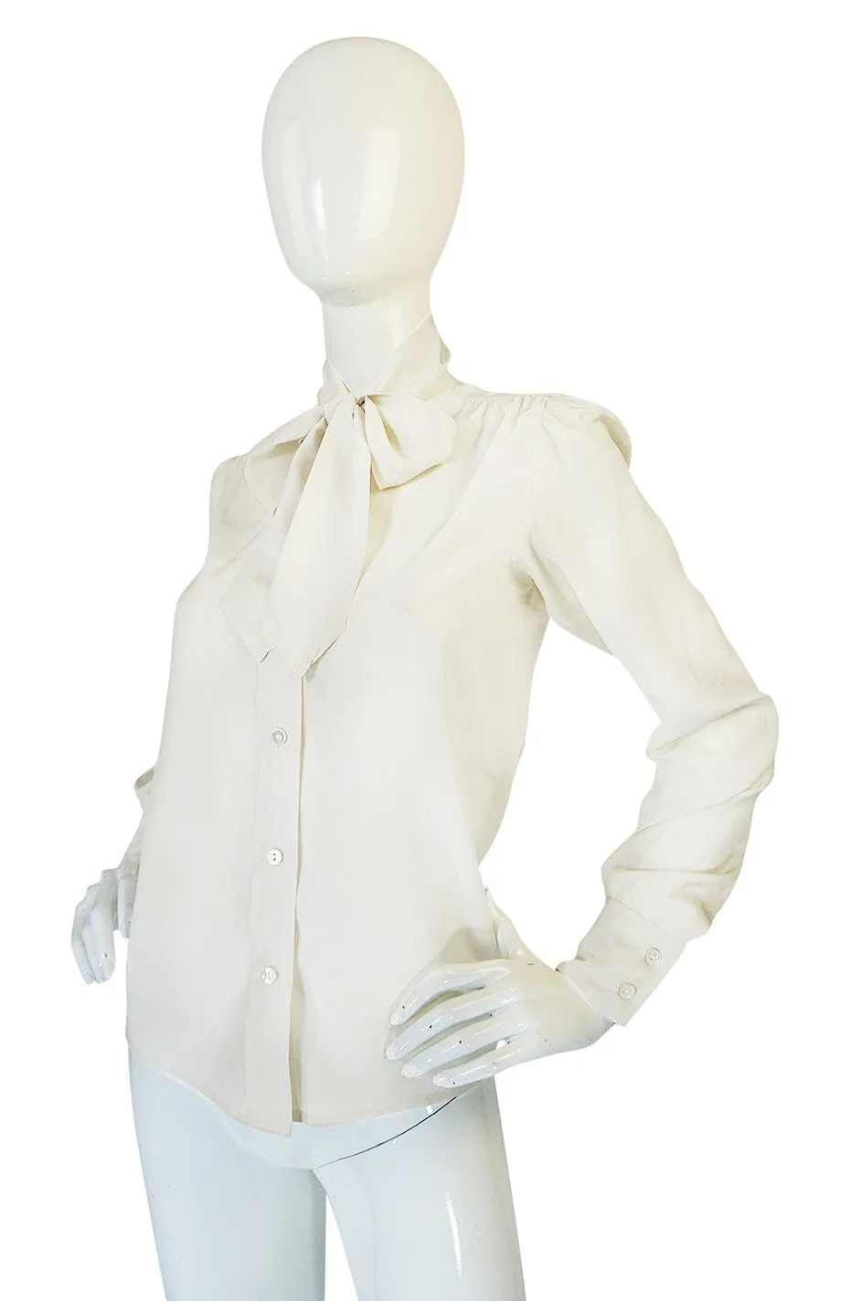 1970s Yves Saint Laurent Cream Silk Tie Neck Top