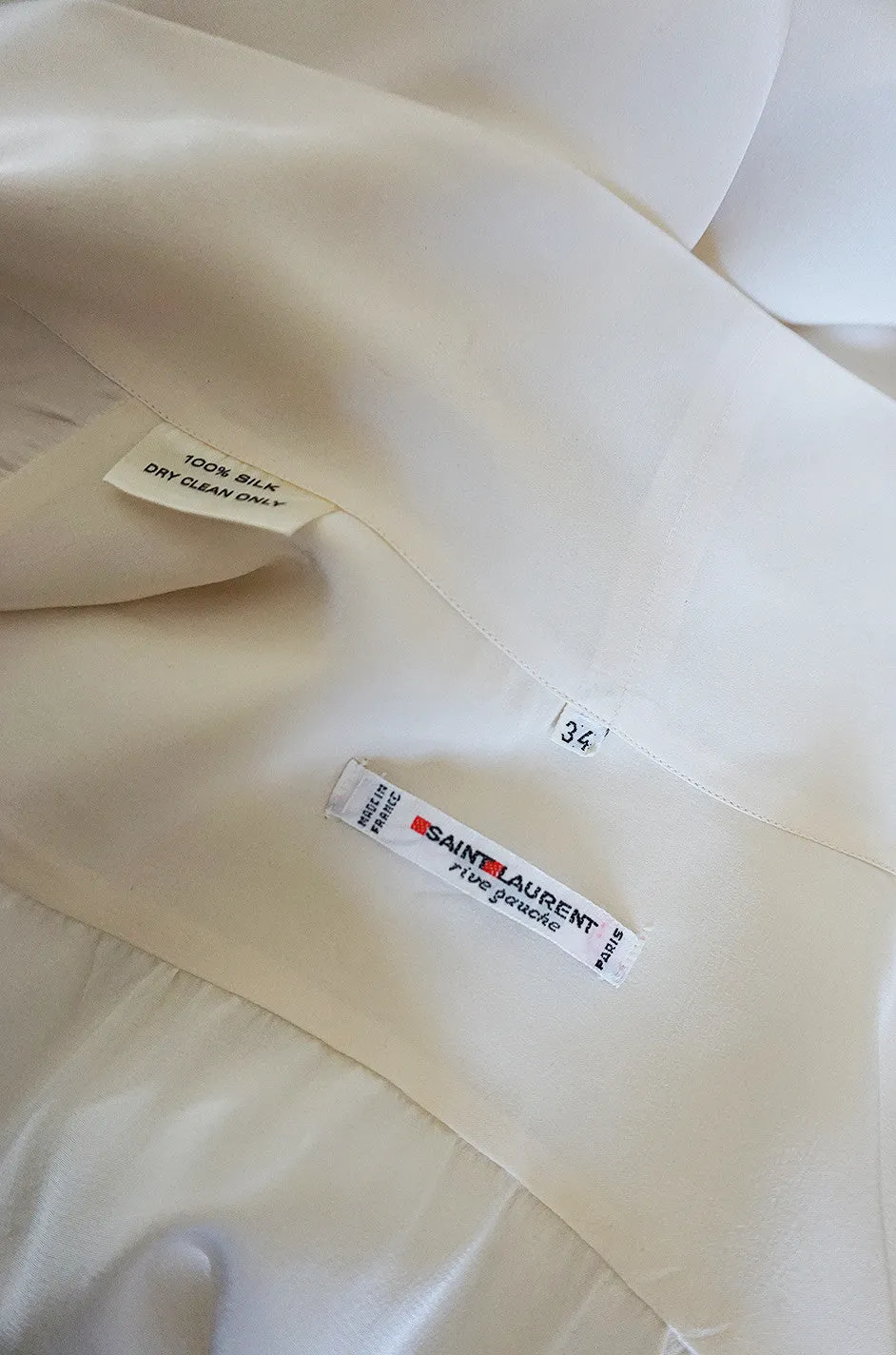 1970s Yves Saint Laurent Cream Silk Tie Neck Top