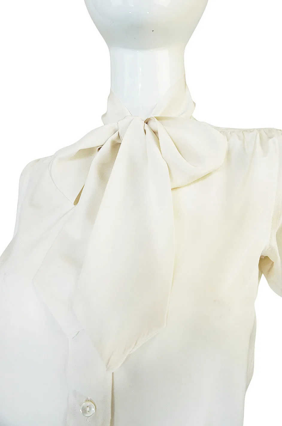 1970s Yves Saint Laurent Cream Silk Tie Neck Top