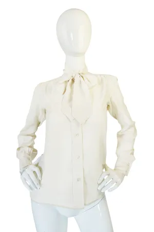 1970s Yves Saint Laurent Cream Silk Tie Neck Top