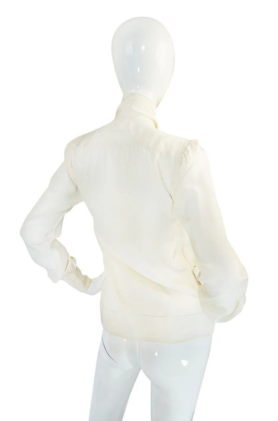 1970s Yves Saint Laurent Cream Silk Tie Neck Top