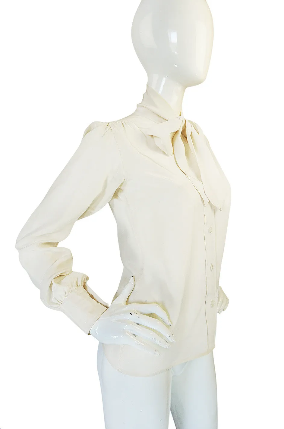 1970s Yves Saint Laurent Cream Silk Tie Neck Top