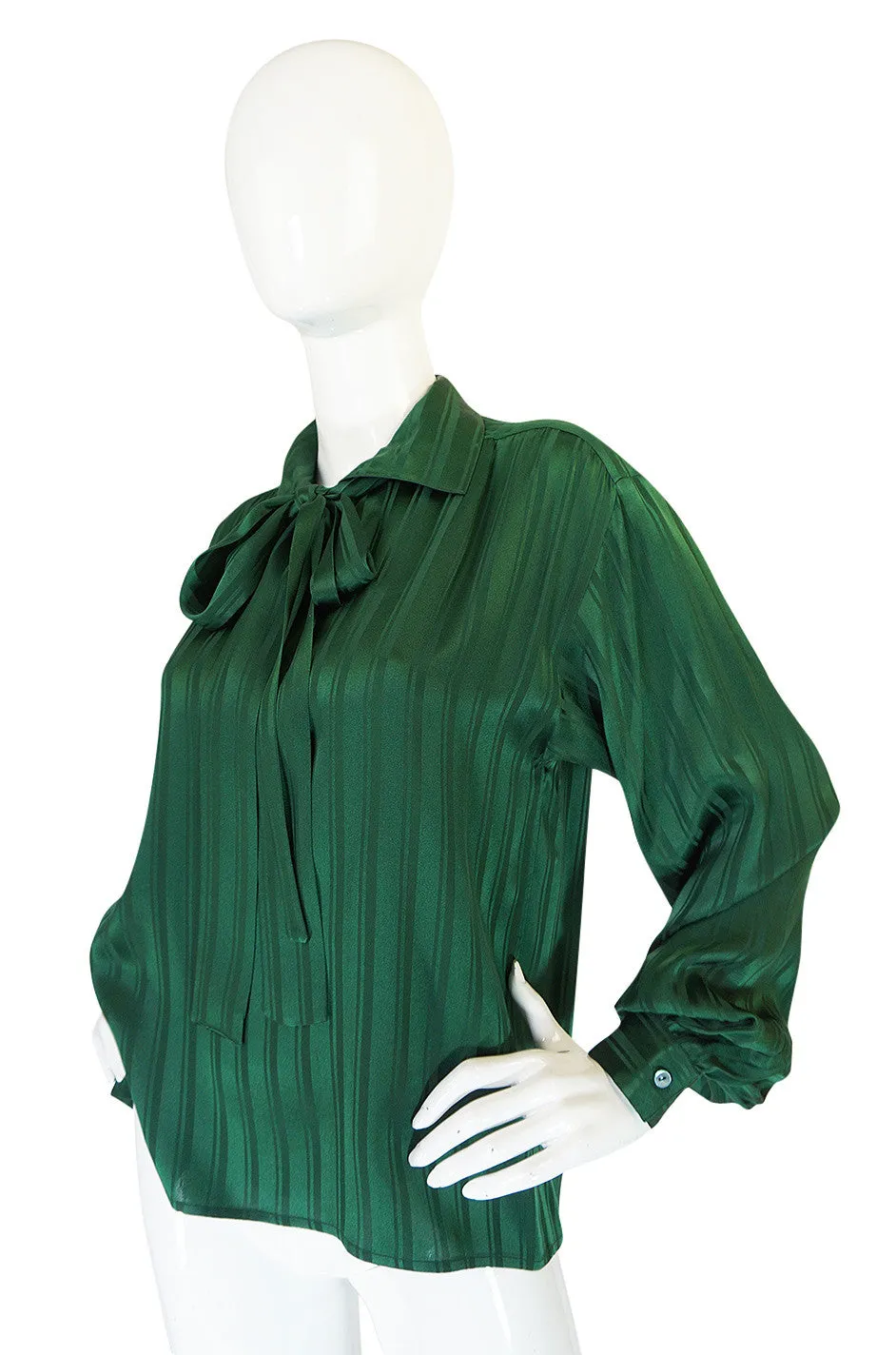 1970s Yves Saint Laurent Green Silk Stripe on Stripe Top