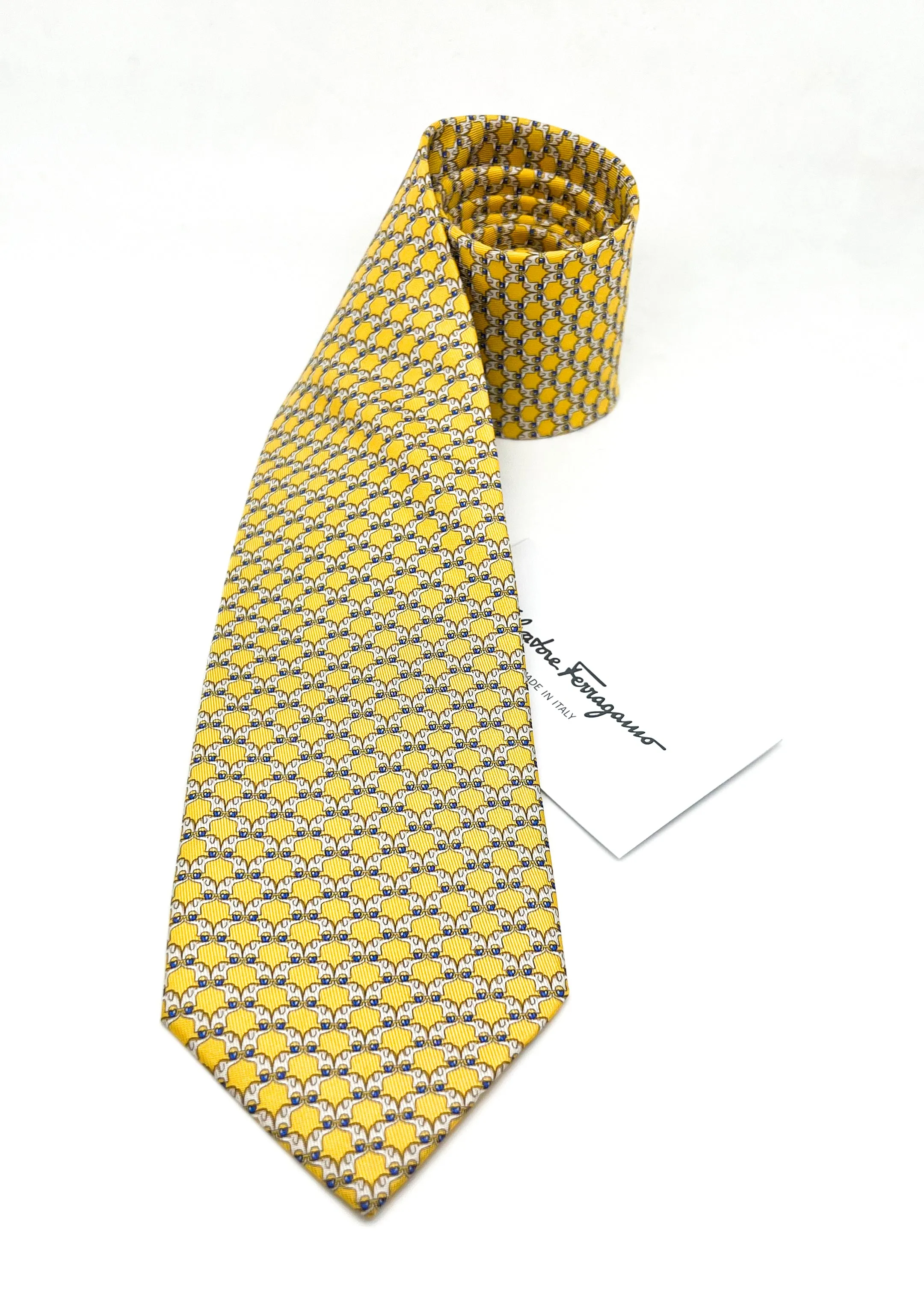 $200 SALVATORE FERRAGAMO - Yellow & Blue Elephant Tie 3.6" - Tie