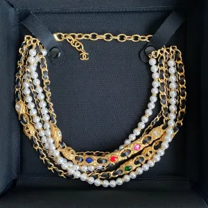 20C Jewel Tone Gripoix Pearl Gold Leather Chain Multi-Strand Choker Necklace