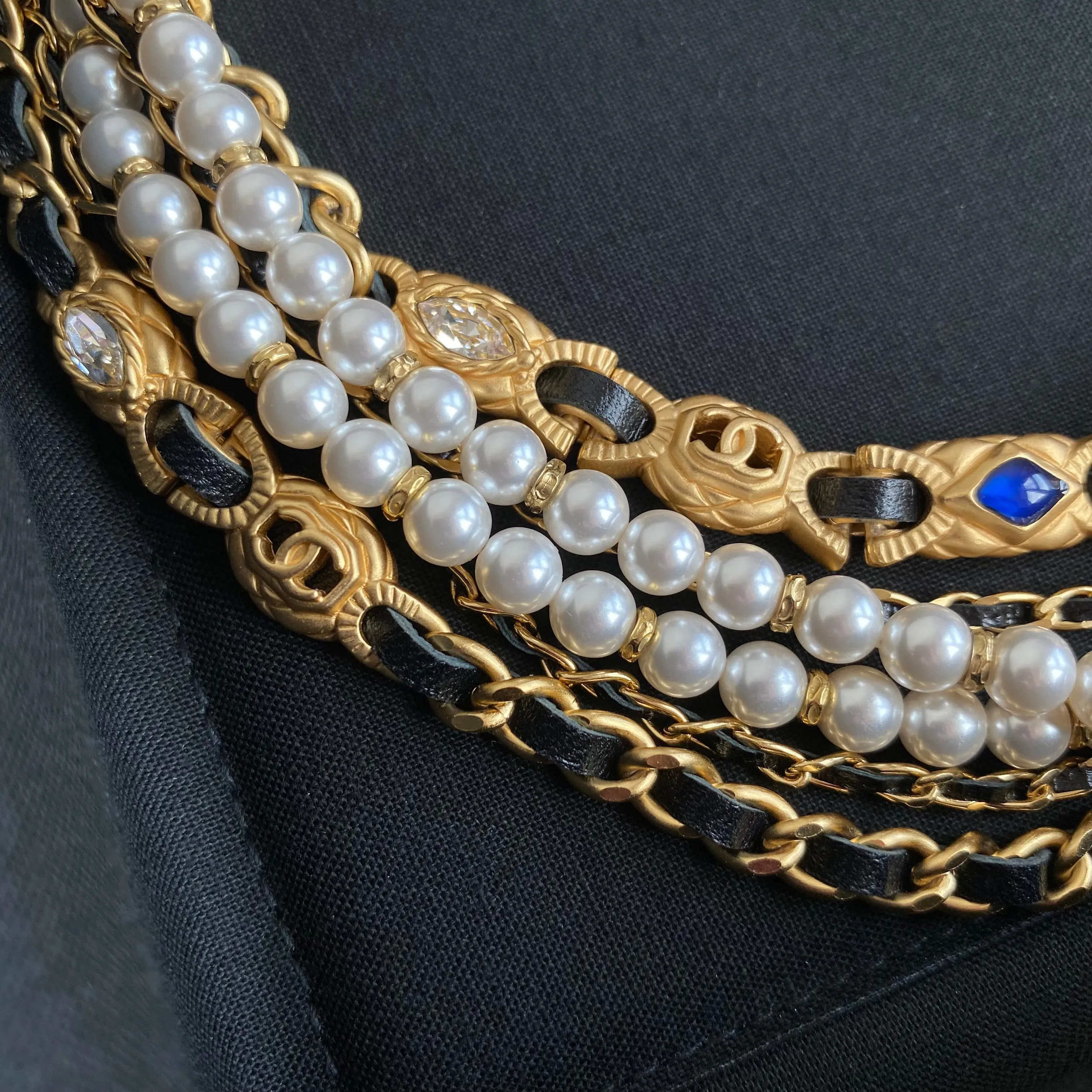 20C Jewel Tone Gripoix Pearl Gold Leather Chain Multi-Strand Choker Necklace