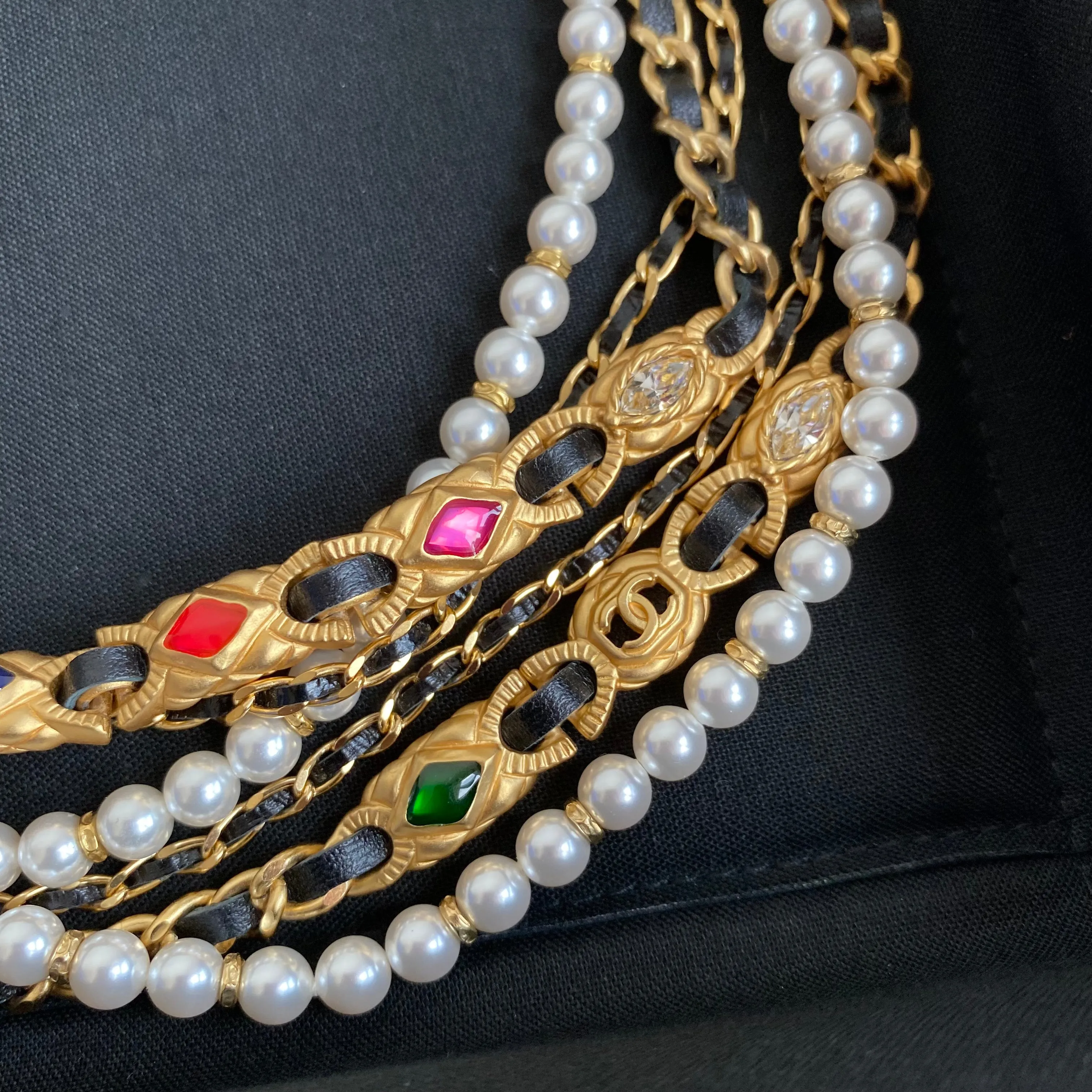 20C Jewel Tone Gripoix Pearl Gold Leather Chain Multi-Strand Choker Necklace