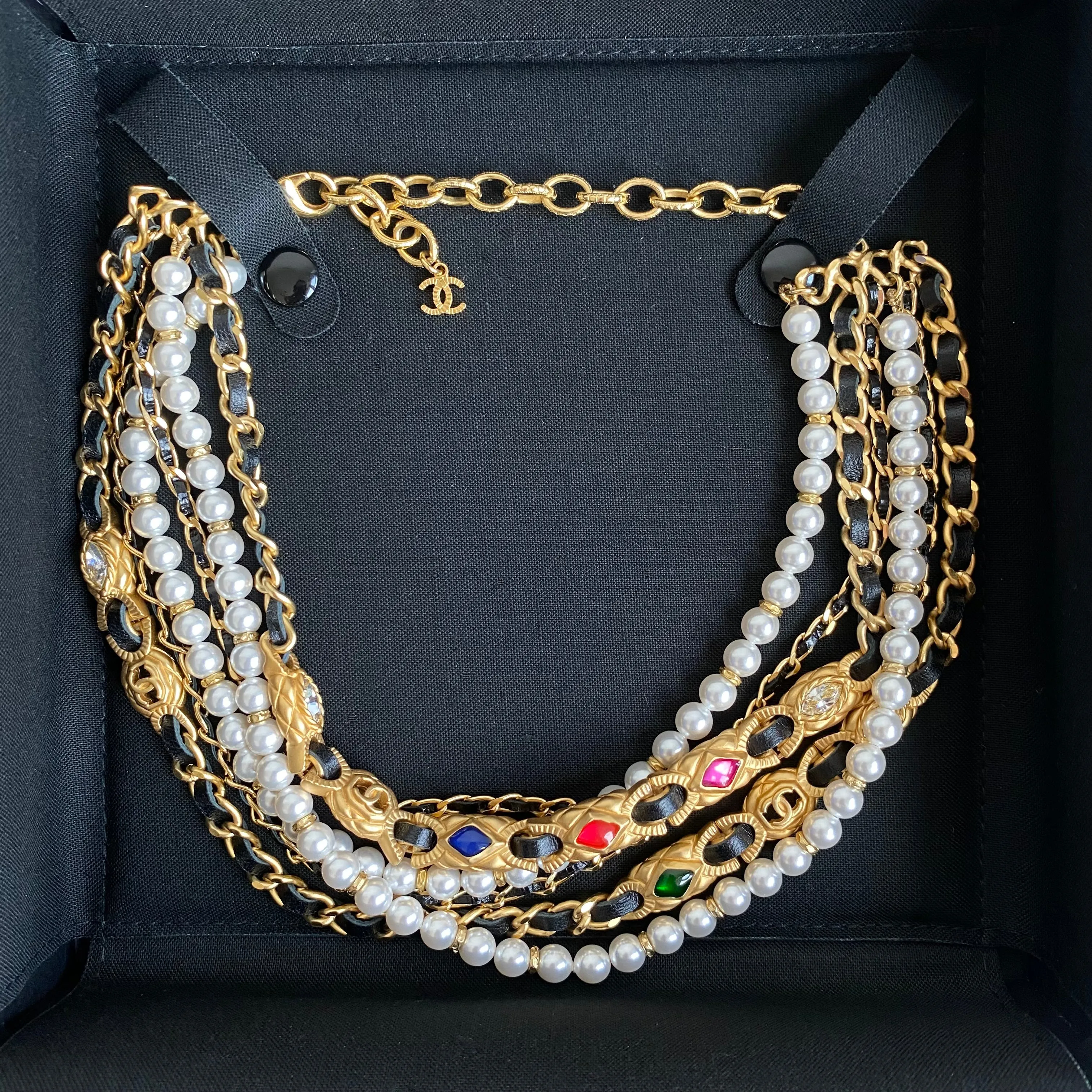 20C Jewel Tone Gripoix Pearl Gold Leather Chain Multi-Strand Choker Necklace