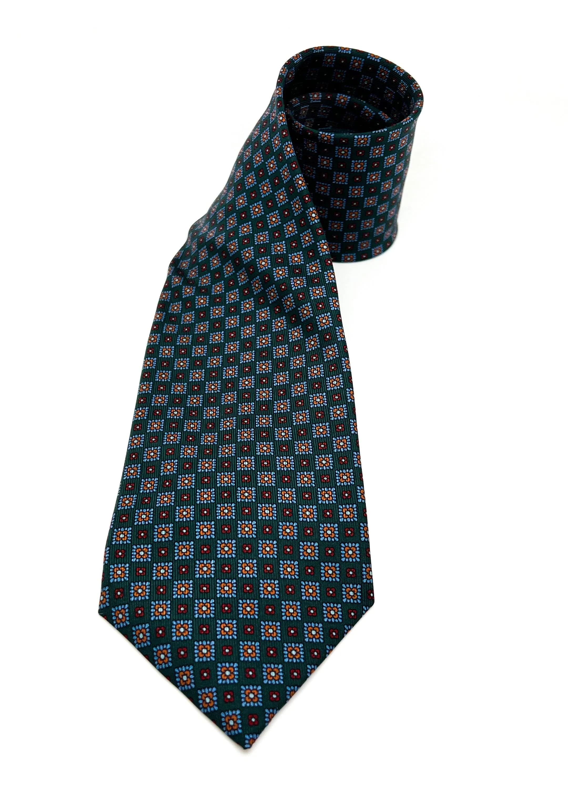 $230 E. MARINELLA - NAPOLI *Hand Made* Forest Green Silk Medallion 3.5" - Tie