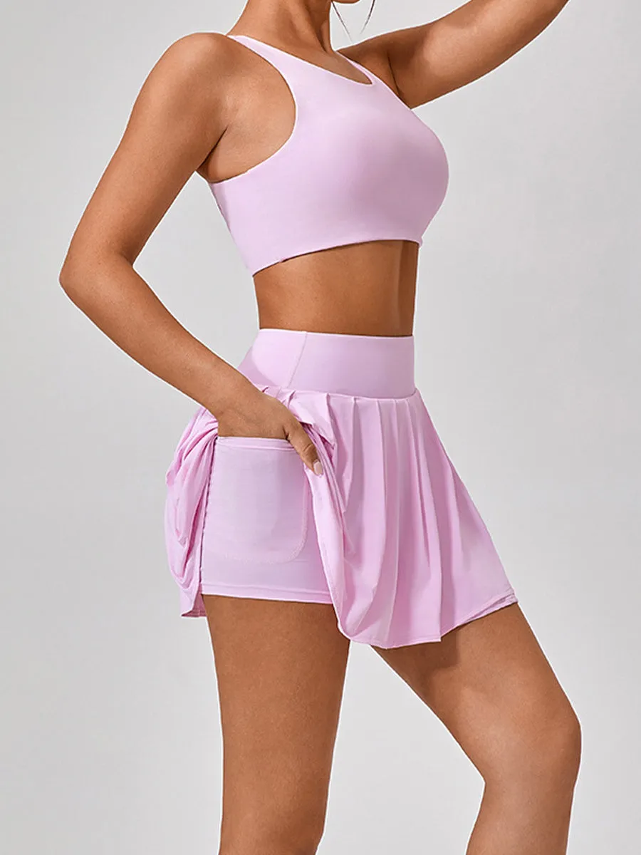 2pcs/2 Sets Of Spliced Striped Side Slit Short Tank Top And Skirt Summer Casual Sports Suit