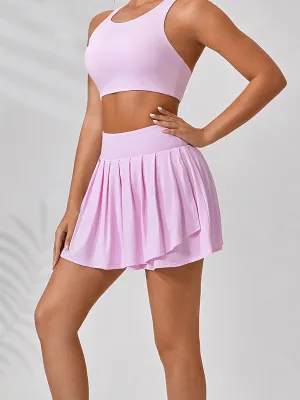 2pcs/2 Sets Of Spliced Striped Side Slit Short Tank Top And Skirt Summer Casual Sports Suit