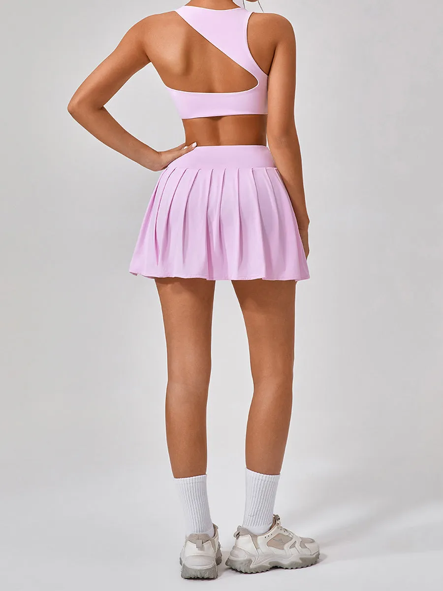 2pcs/2 Sets Of Spliced Striped Side Slit Short Tank Top And Skirt Summer Casual Sports Suit