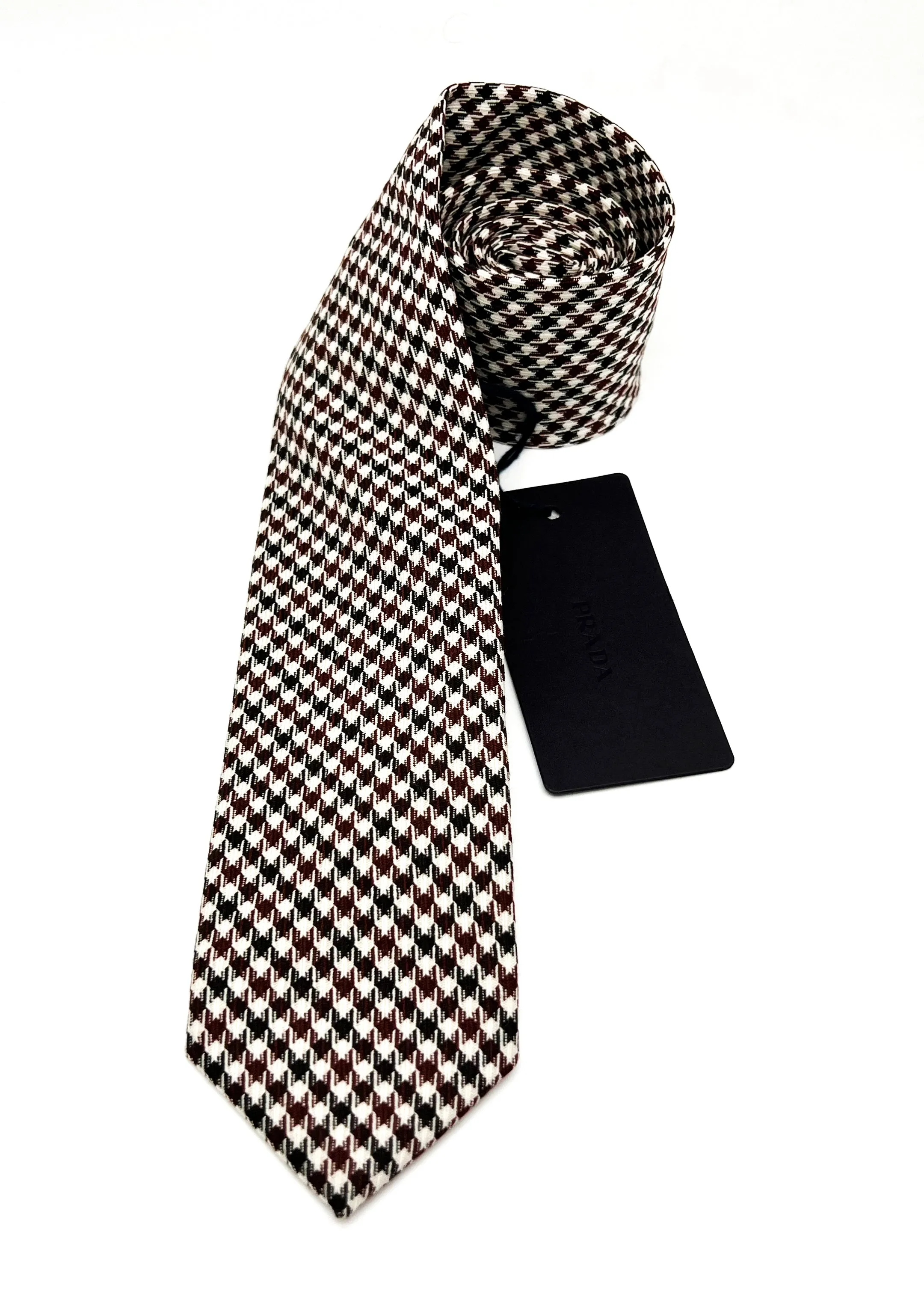 $320 PRADA - Burgundy & Ivory Houndstooth 2.4" - Tie