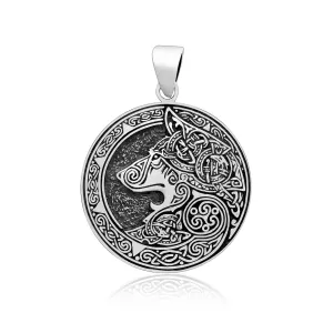 925 Sterling Silver Viking Fenrir Head Pendant with Mammen Knotwork
